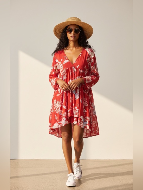 Free People Dresses & Skirts - Free People Floral Top/ Mini Dress Red with White Print L